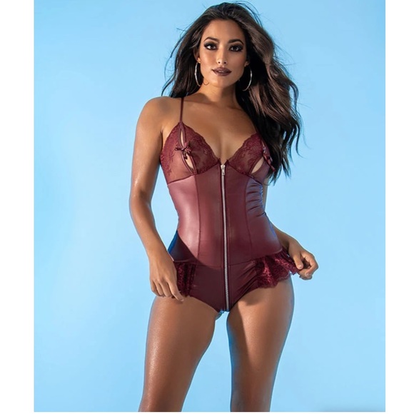 Yandy Other - Yandy Beatrix Burgundy Faux Leather & Lace Zip Up Teddy Bodysuit